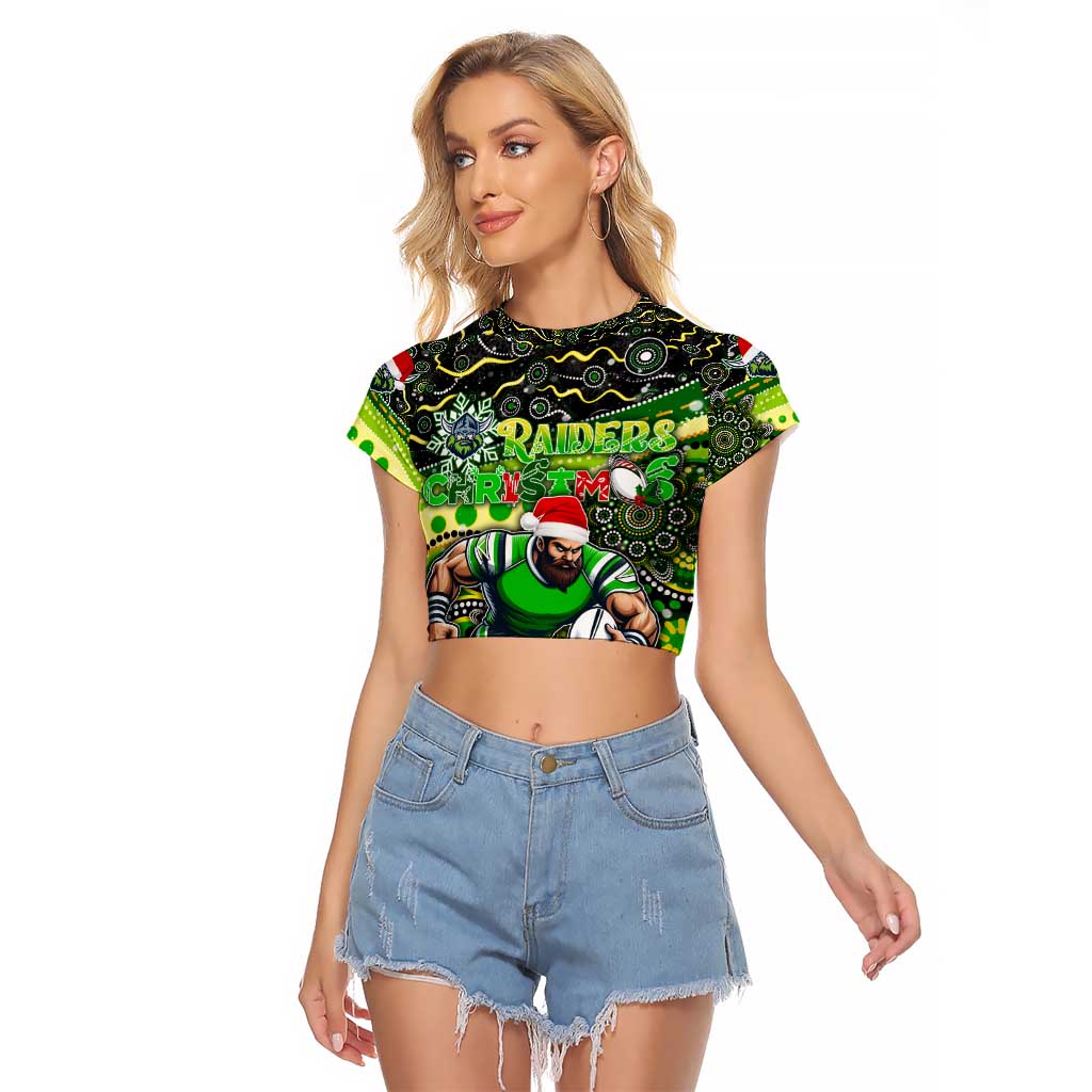 Merry Christmas Raiders Raglan Cropped T Shirt Aboriginal Santa Rugby Mascot - Canberra
