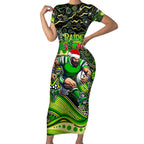 Merry Christmas Raiders Short Sleeve Bodycon Dress Aboriginal Santa Rugby Mascot - Canberra