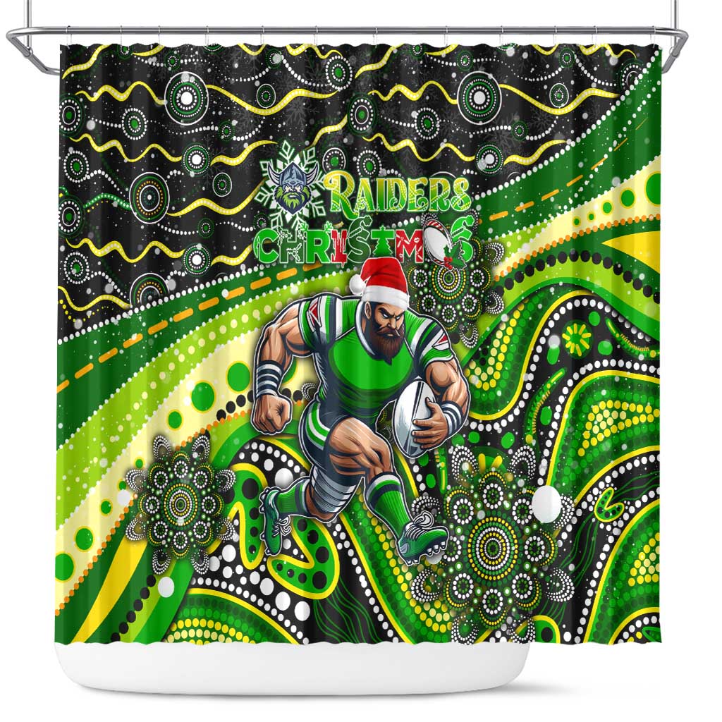Merry Christmas Raiders Shower Curtain Aboriginal Santa Rugby Mascot - Canberra