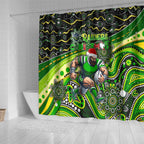 Merry Christmas Raiders Shower Curtain Aboriginal Santa Rugby Mascot - Canberra