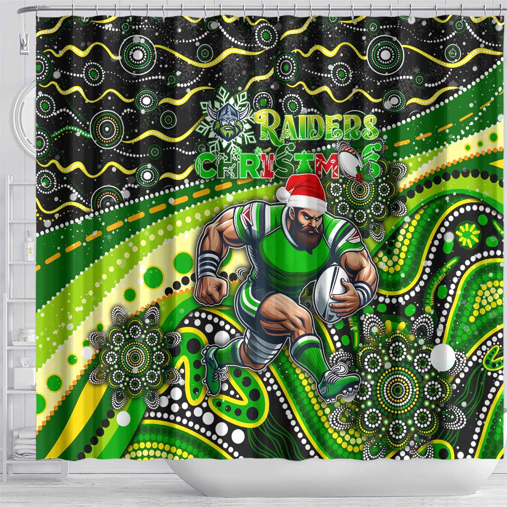 Merry Christmas Raiders Shower Curtain Aboriginal Santa Rugby Mascot - Canberra