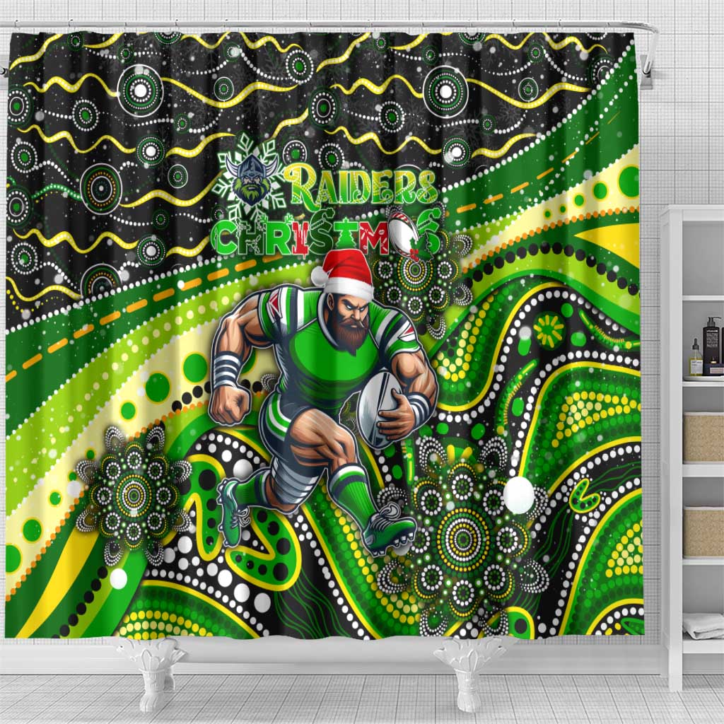 Merry Christmas Raiders Shower Curtain Aboriginal Santa Rugby Mascot - Canberra