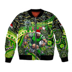 Merry Christmas Raiders Sleeve Zip Bomber Jacket Aboriginal Santa Rugby Mascot - Canberra