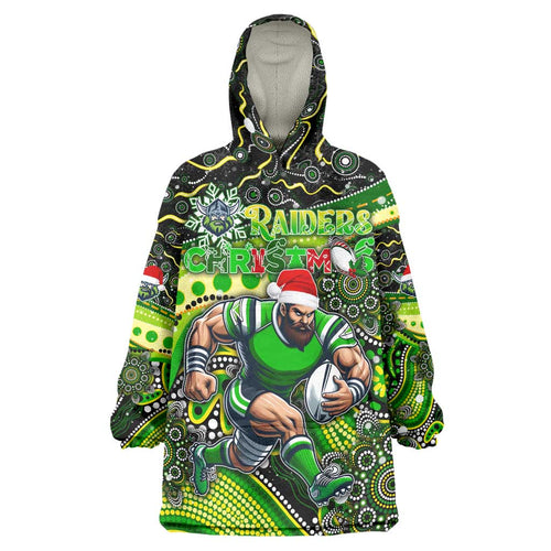 Merry Christmas Raiders Wearable Blanket Hoodie Aboriginal Santa Rugby Mascot - Canberra