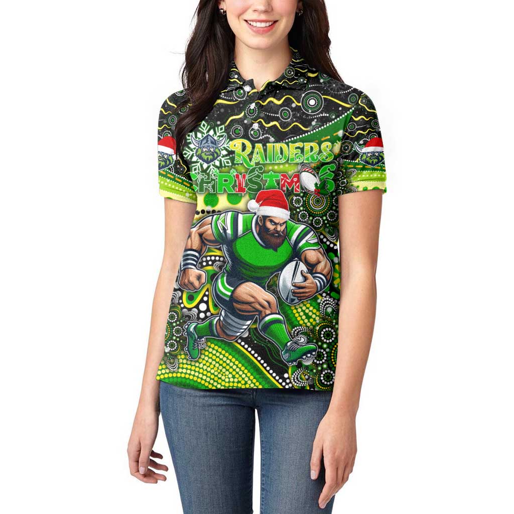 Merry Christmas Raiders Women Polo Shirt Aboriginal Santa Rugby Mascot - Canberra