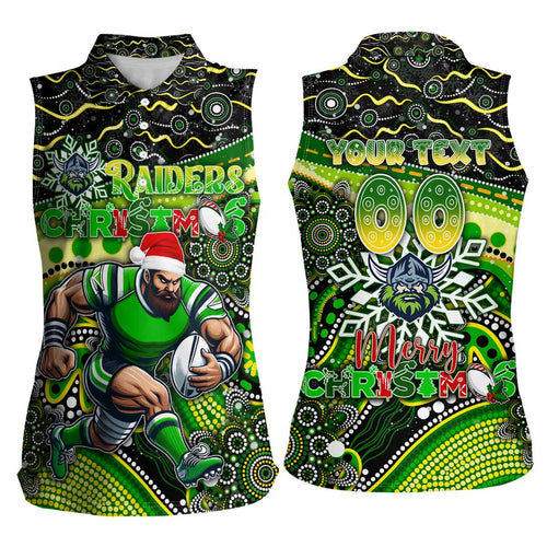 Merry Christmas Raiders Women Sleeveless Polo Shirt Aboriginal Santa Rugby Mascot - Canberra