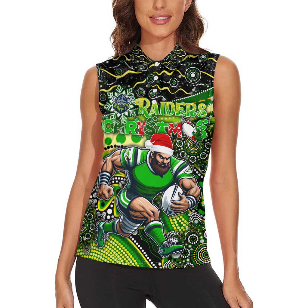 Merry Christmas Raiders Women Sleeveless Polo Shirt Aboriginal Santa Rugby Mascot - Canberra