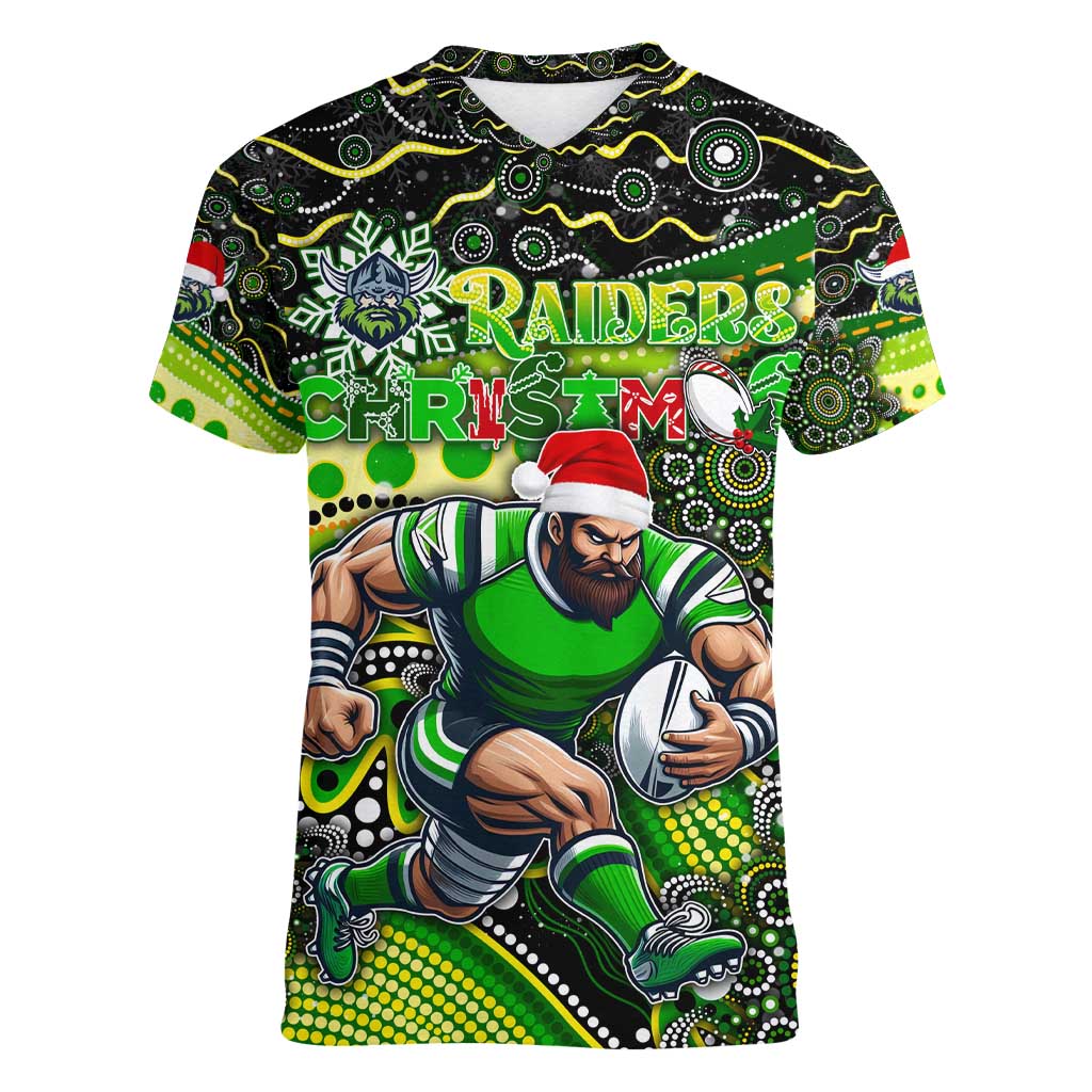 Merry Christmas Raiders Women V-Neck T-Shirt Aboriginal Santa Rugby Mascot - Canberra