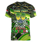 Merry Christmas Raiders Women V-Neck T-Shirt Aboriginal Santa Rugby Mascot - Canberra