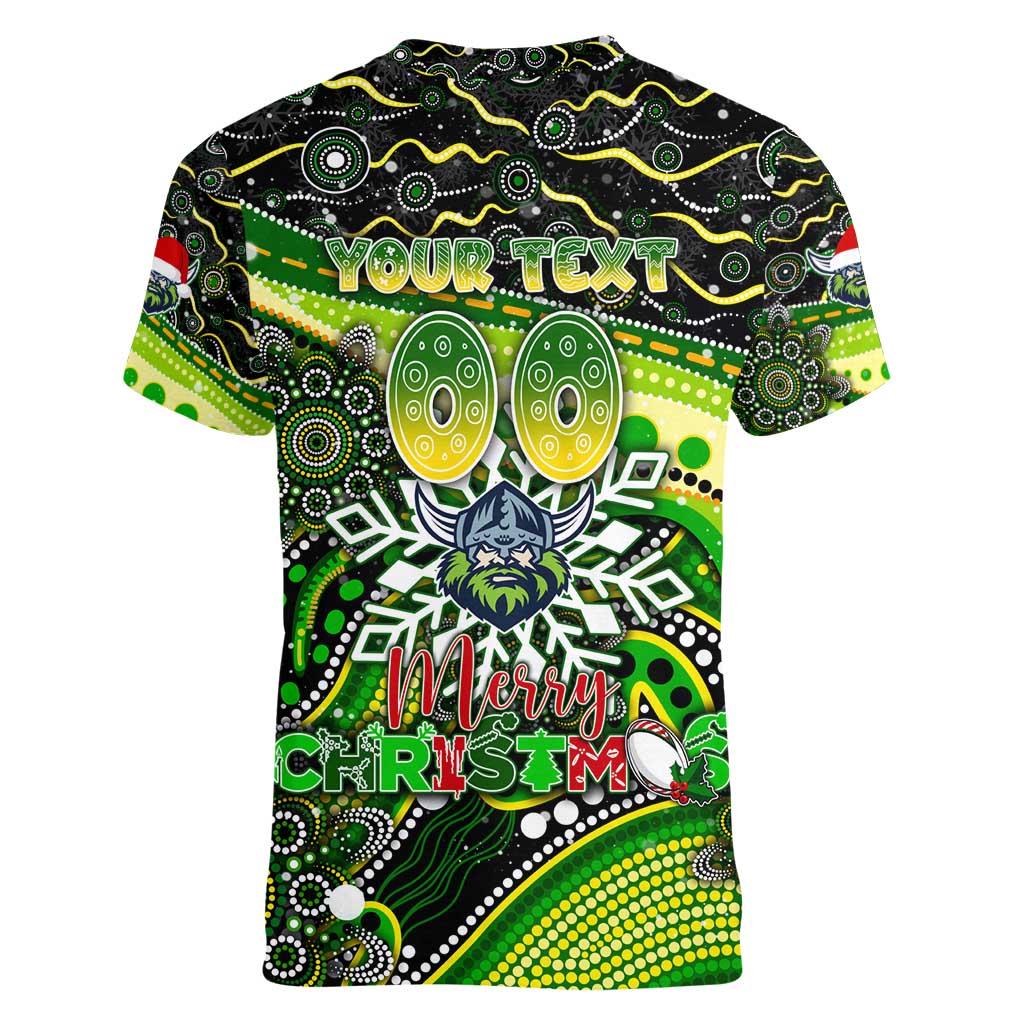 Merry Christmas Raiders Women V-Neck T-Shirt Aboriginal Santa Rugby Mascot - Canberra