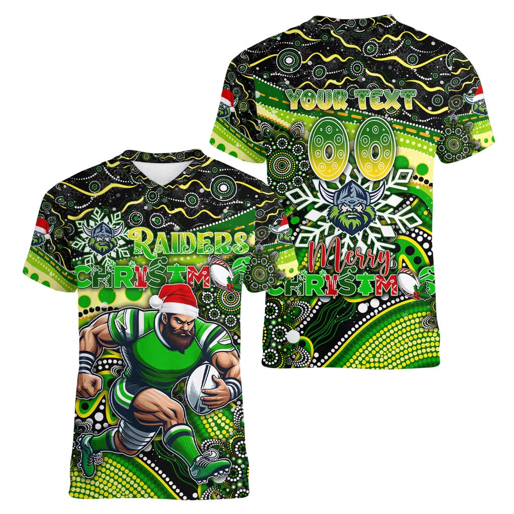 Merry Christmas Raiders Women V-Neck T-Shirt Aboriginal Santa Rugby Mascot - Canberra