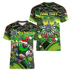 Merry Christmas Raiders Women V-Neck T-Shirt Aboriginal Santa Rugby Mascot - Canberra
