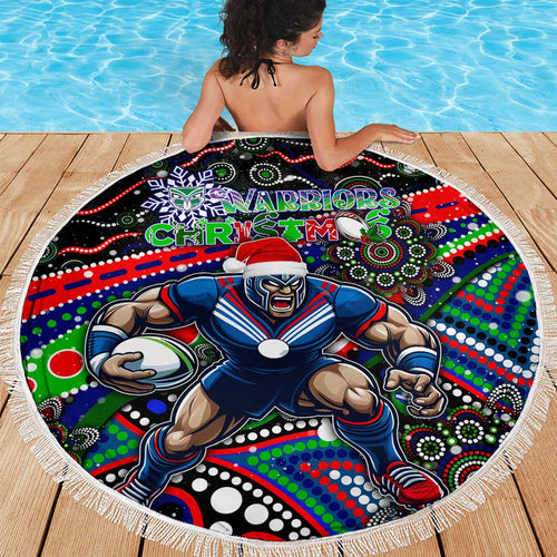 Merry Christmas New Zealand Warriors Beach Blanket Aboriginal Santa Rugby Mascot