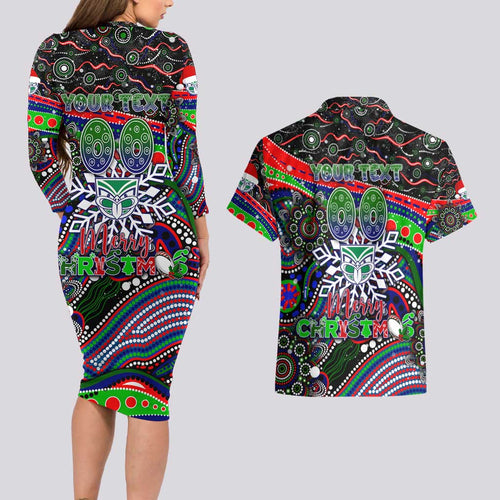 Merry Christmas New Zealand Warriors Couples Matching Long Sleeve Bodycon Dress and Hawaiian Shirt Aboriginal Santa Rugby Mascot