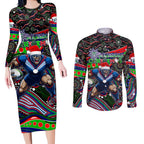Merry Christmas New Zealand Warriors Couples Matching Long Sleeve Bodycon Dress and Long Sleeve Button Shirt Aboriginal Santa Rugby Mascot