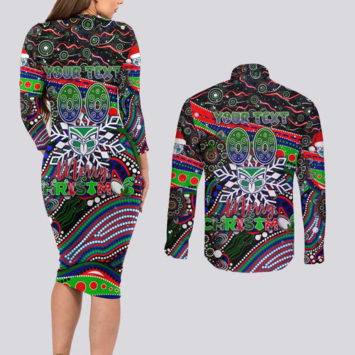 Merry Christmas New Zealand Warriors Couples Matching Long Sleeve Bodycon Dress and Long Sleeve Button Shirt Aboriginal Santa Rugby Mascot