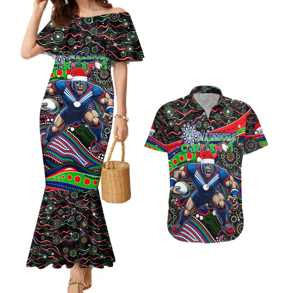 Merry Christmas New Zealand Warriors Couples Matching Mermaid Dress and Hawaiian Shirt Aboriginal Santa Rugby Mascot