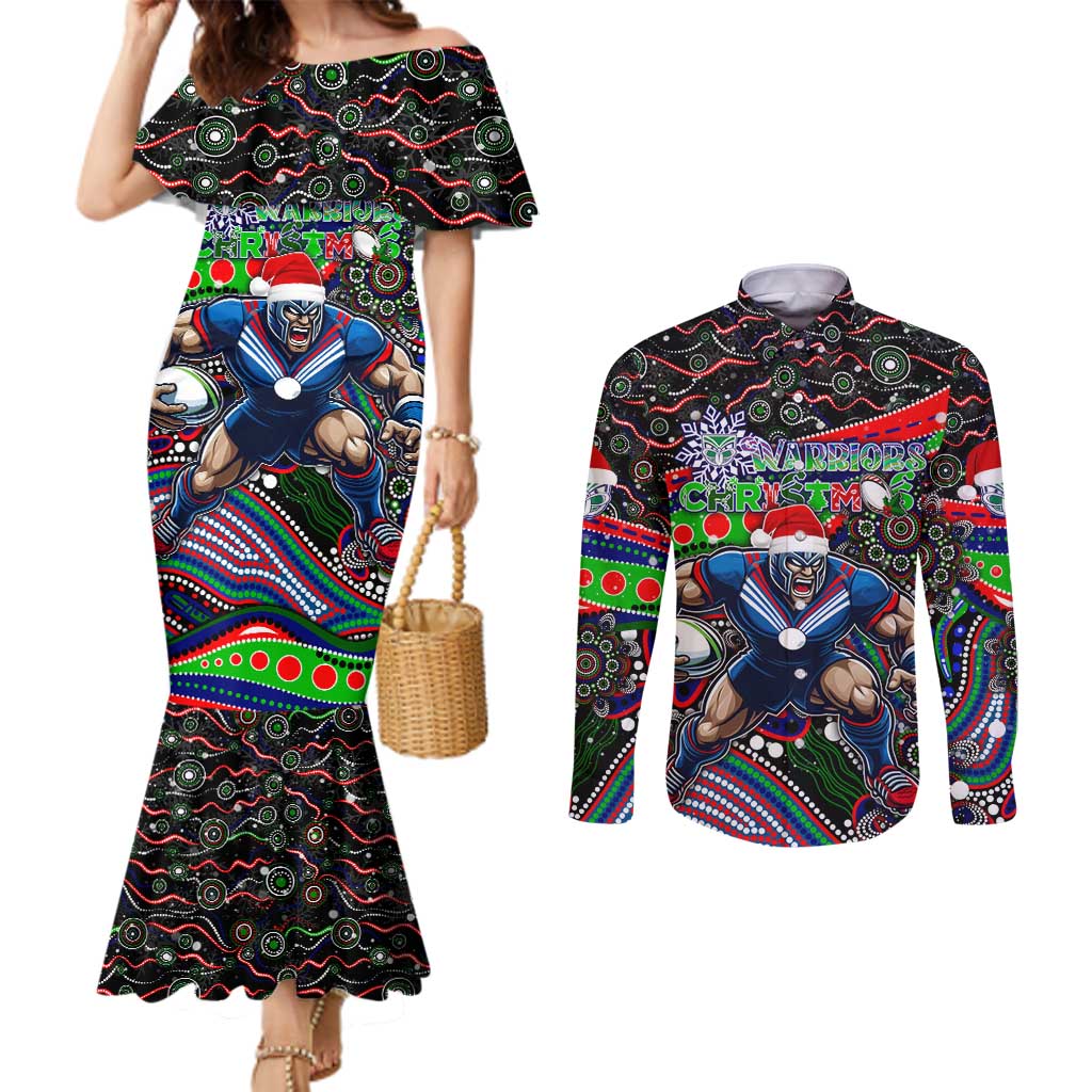 Merry Christmas New Zealand Warriors Couples Matching Mermaid Dress and Long Sleeve Button Shirt Aboriginal Santa Rugby Mascot