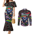 Merry Christmas New Zealand Warriors Couples Matching Mermaid Dress and Long Sleeve Button Shirt Aboriginal Santa Rugby Mascot