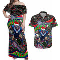 Merry Christmas New Zealand Warriors Couples Matching Off Shoulder Maxi Dress and Hawaiian Shirt Aboriginal Santa Rugby Mascot
