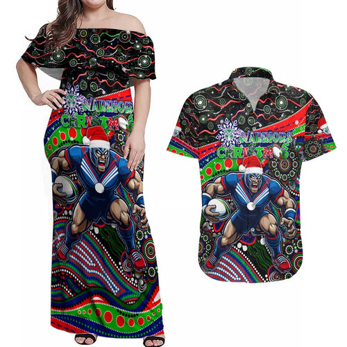 Merry Christmas New Zealand Warriors Couples Matching Off Shoulder Maxi Dress and Hawaiian Shirt Aboriginal Santa Rugby Mascot