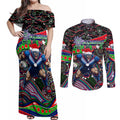 Merry Christmas New Zealand Warriors Couples Matching Off Shoulder Maxi Dress and Long Sleeve Button Shirt Aboriginal Santa Rugby Mascot