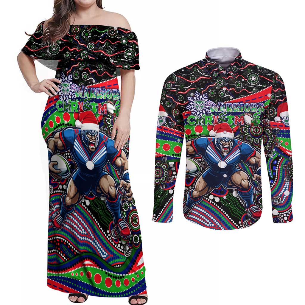 Merry Christmas New Zealand Warriors Couples Matching Off Shoulder Maxi Dress and Long Sleeve Button Shirt Aboriginal Santa Rugby Mascot