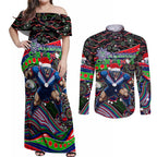 Merry Christmas New Zealand Warriors Couples Matching Off Shoulder Maxi Dress and Long Sleeve Button Shirt Aboriginal Santa Rugby Mascot