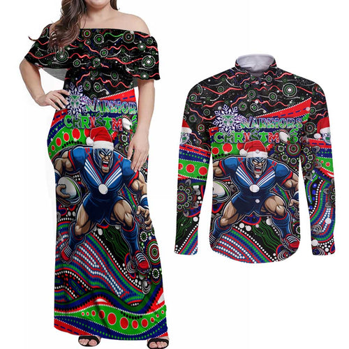 Merry Christmas New Zealand Warriors Couples Matching Off Shoulder Maxi Dress and Long Sleeve Button Shirt Aboriginal Santa Rugby Mascot