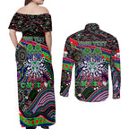 Merry Christmas New Zealand Warriors Couples Matching Off Shoulder Maxi Dress and Long Sleeve Button Shirt Aboriginal Santa Rugby Mascot