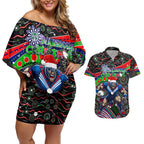 Merry Christmas New Zealand Warriors Couples Matching Off Shoulder Short Dress and Hawaiian Shirt Aboriginal Santa Rugby Mascot