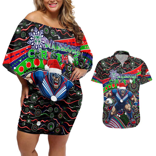 Merry Christmas New Zealand Warriors Couples Matching Off Shoulder Short Dress and Hawaiian Shirt Aboriginal Santa Rugby Mascot