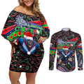 Merry Christmas New Zealand Warriors Couples Matching Off Shoulder Short Dress and Long Sleeve Button Shirt Aboriginal Santa Rugby Mascot