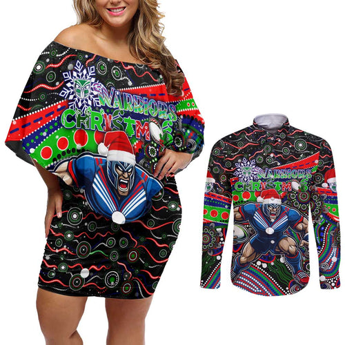Merry Christmas New Zealand Warriors Couples Matching Off Shoulder Short Dress and Long Sleeve Button Shirt Aboriginal Santa Rugby Mascot