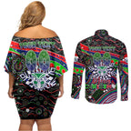 Merry Christmas New Zealand Warriors Couples Matching Off Shoulder Short Dress and Long Sleeve Button Shirt Aboriginal Santa Rugby Mascot