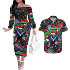 Merry Christmas New Zealand Warriors Couples Matching Off The Shoulder Long Sleeve Dress and Hawaiian Shirt Aboriginal Santa Rugby Mascot