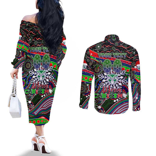 Merry Christmas New Zealand Warriors Couples Matching Off The Shoulder Long Sleeve Dress and Long Sleeve Button Shirt Aboriginal Santa Rugby Mascot