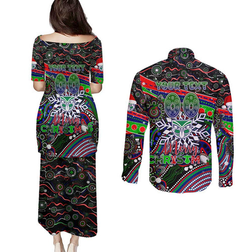 Merry Christmas New Zealand Warriors Couples Matching Puletasi and Long Sleeve Button Shirt Aboriginal Santa Rugby Mascot