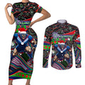 Merry Christmas New Zealand Warriors Couples Matching Short Sleeve Bodycon Dress and Long Sleeve Button Shirt Aboriginal Santa Rugby Mascot