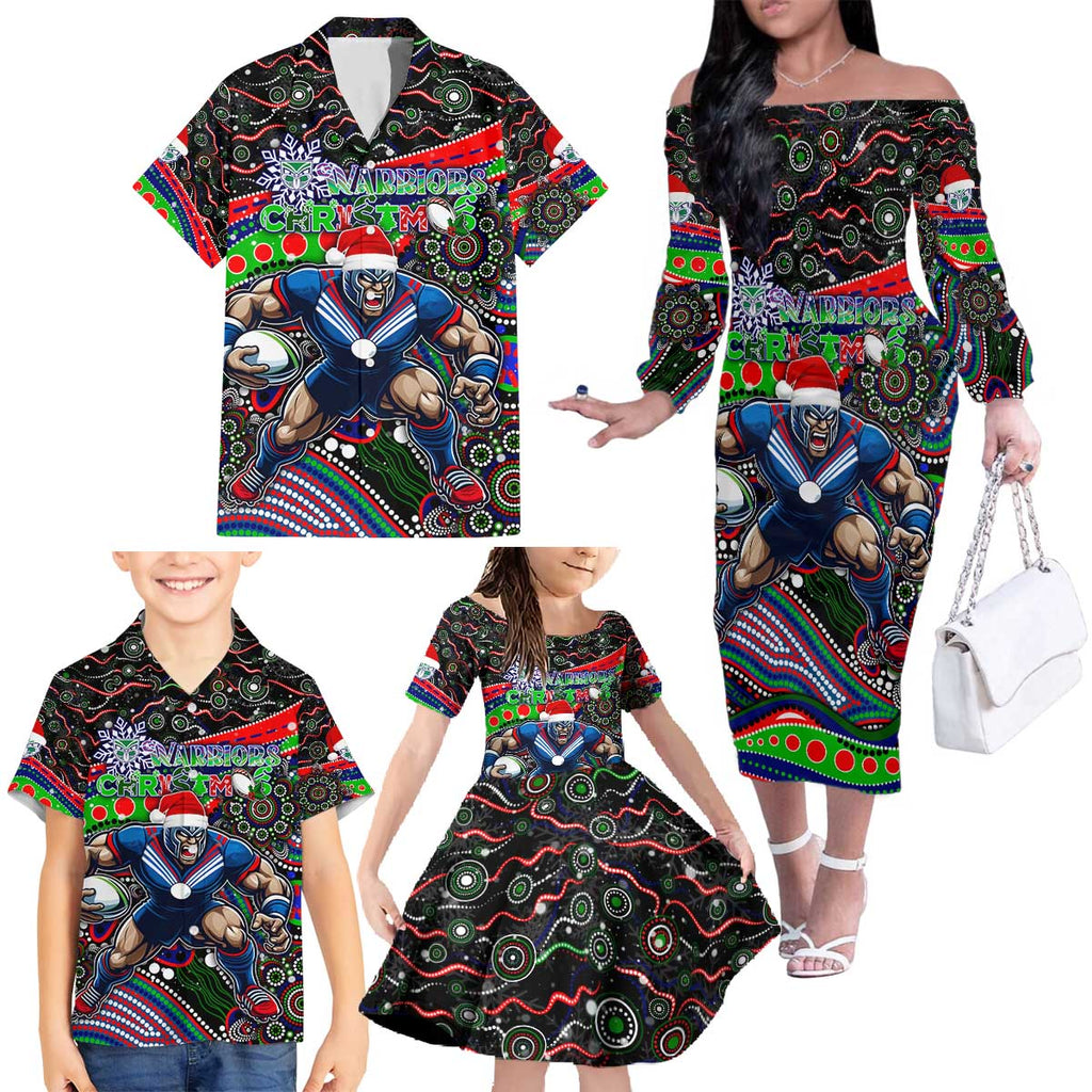 Merry Christmas New Zealand Warriors Family Matching Off The Shoulder Long Sleeve Dress and Hawaiian Shirt Aboriginal Santa Rugby Mascot
