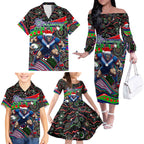 Merry Christmas New Zealand Warriors Family Matching Off The Shoulder Long Sleeve Dress and Hawaiian Shirt Aboriginal Santa Rugby Mascot