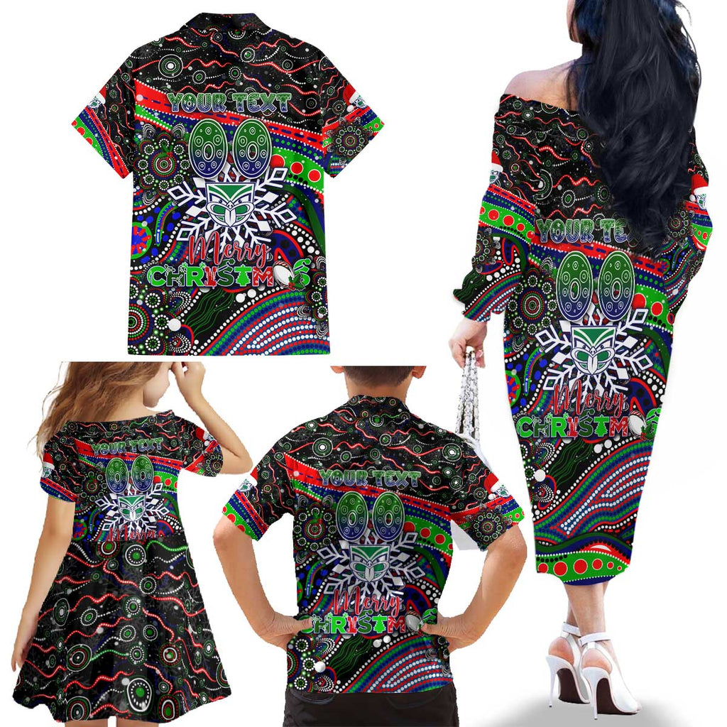 Merry Christmas New Zealand Warriors Family Matching Off The Shoulder Long Sleeve Dress and Hawaiian Shirt Aboriginal Santa Rugby Mascot