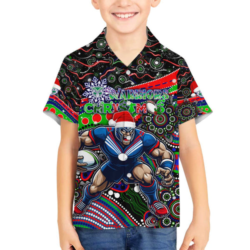 Merry Christmas New Zealand Warriors Family Matching Off The Shoulder Long Sleeve Dress and Hawaiian Shirt Aboriginal Santa Rugby Mascot