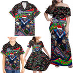 Merry Christmas New Zealand Warriors Family Matching Off Shoulder Maxi Dress and Hawaiian Shirt Aboriginal Santa Rugby Mascot