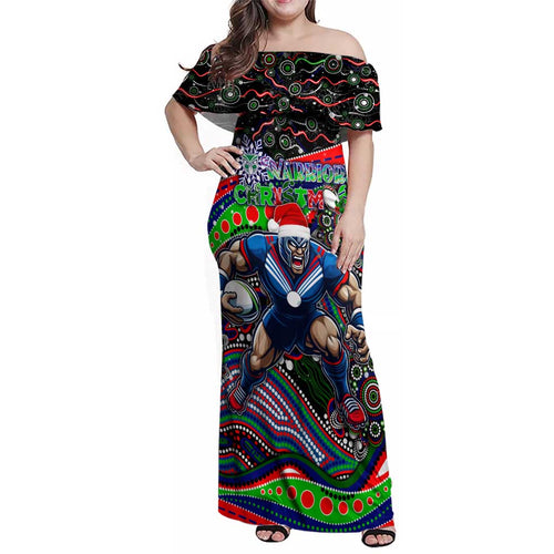 Merry Christmas New Zealand Warriors Family Matching Off Shoulder Maxi Dress and Hawaiian Shirt Aboriginal Santa Rugby Mascot