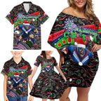Merry Christmas New Zealand Warriors Family Matching Off Shoulder Short Dress and Hawaiian Shirt Aboriginal Santa Rugby Mascot