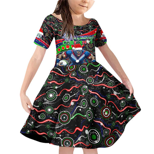 Merry Christmas New Zealand Warriors Family Matching Off Shoulder Short Dress and Hawaiian Shirt Aboriginal Santa Rugby Mascot