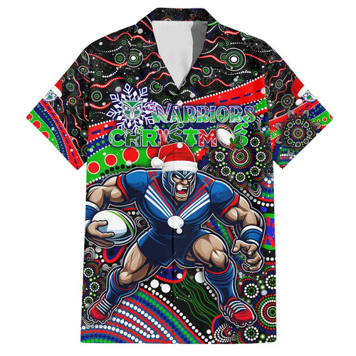 Merry Christmas New Zealand Warriors Family Matching Off Shoulder Short Dress and Hawaiian Shirt Aboriginal Santa Rugby Mascot