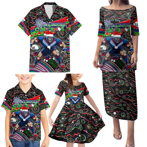 Merry Christmas New Zealand Warriors Family Matching Puletasi and Hawaiian Shirt Aboriginal Santa Rugby Mascot