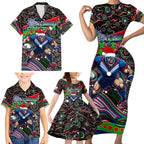 Merry Christmas New Zealand Warriors Family Matching Short Sleeve Bodycon Dress and Hawaiian Shirt Aboriginal Santa Rugby Mascot